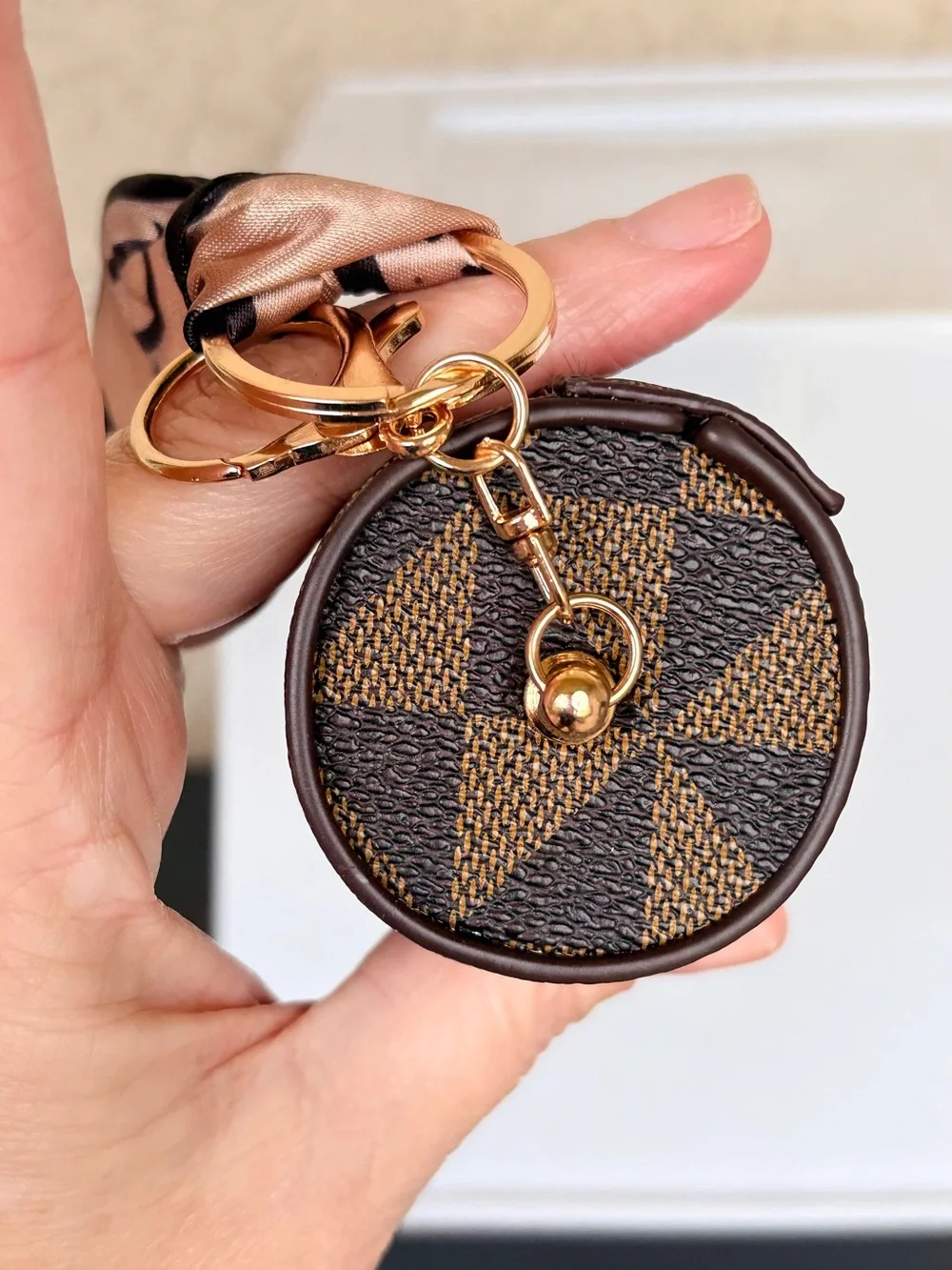 Brown Geometric Cylinder Keychain Pouch with Scarf Accent
